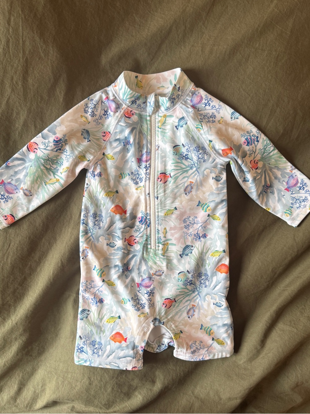 Janie and Jack White Long-Sleeve One-Piece Swim Suit with Multicolor Fish